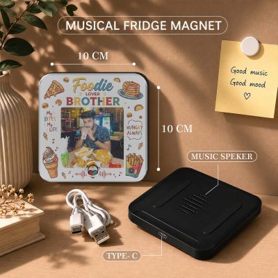 Personalized Foodie Lover Brother Musical Fridge Magnet Modern Gifting Item | Rechargeable Sound Magnet Funny Gift for Bhai Food Lover Bhai Gift for Food Enthusiast